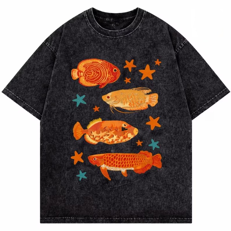 Marine Life Aquariums - ヴィンテージウォッシュ加工トロピカルフィッシュプリントTシャツ カラフルな水槽海洋生物柄Tシャツ カジュアルルーズフィット半袖トップス メンズ レディース