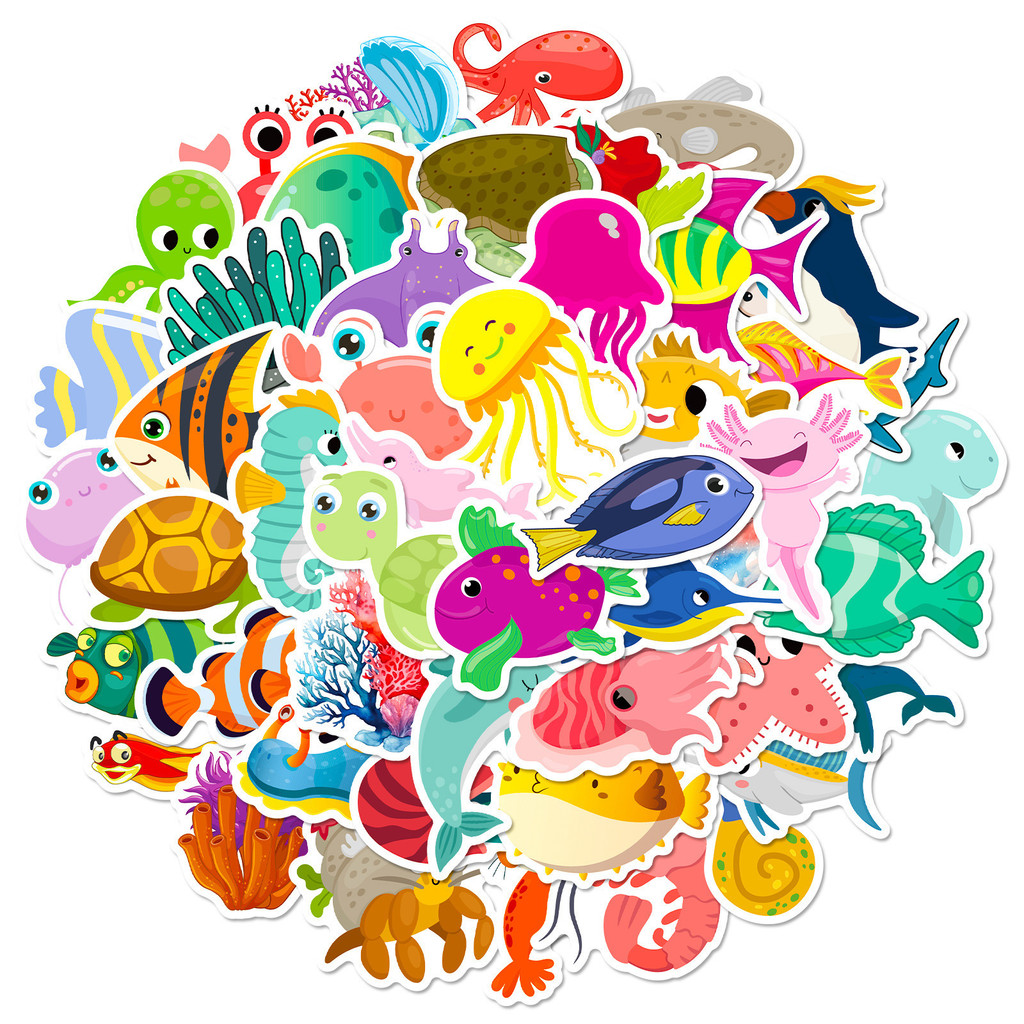 50枚入り海洋生物ステッカー - かわいい漫画のイルカとサメ - Marine Life Aquariums のレビューと価格