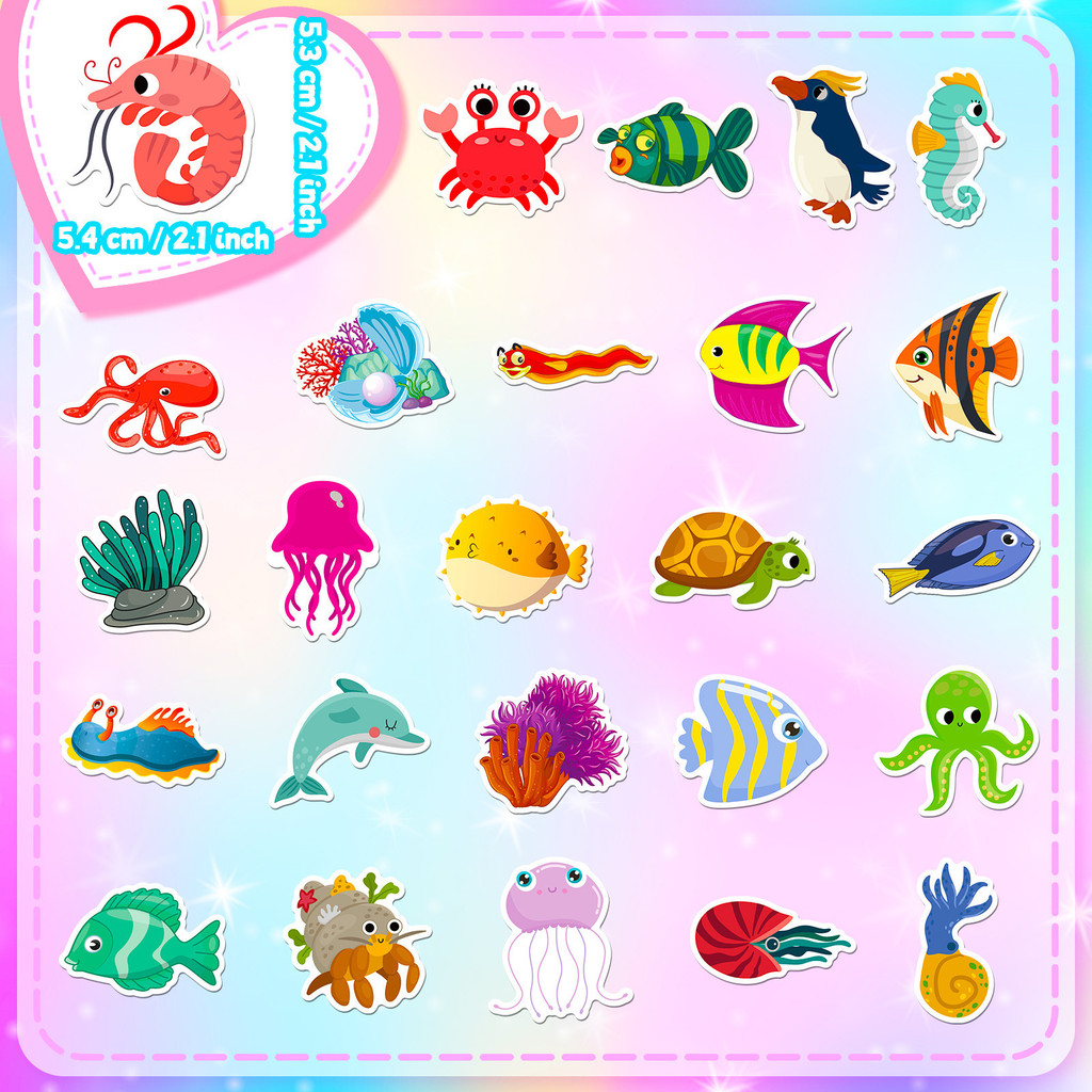 50枚入り海洋生物ステッカー - かわいい漫画のイルカとサメ - Marine Life Aquariums のレビューと価格