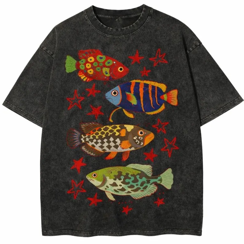 ヴィンテージウォッシュ加工トロピカルフィッシュプリントTシャ - Marine Life Aquariums のレビューと価格